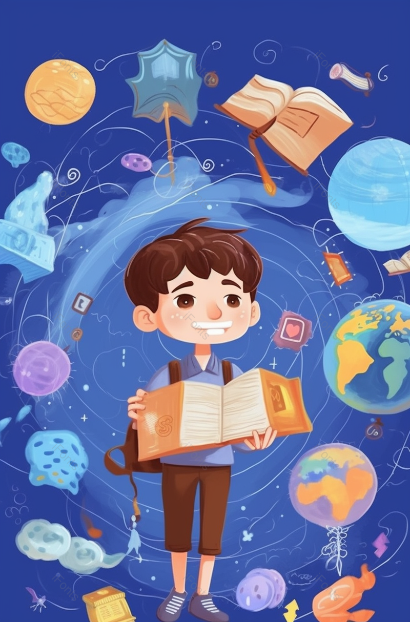 蓝色背景知识围绕孩子儿童学生学习想象畅游在知识的海洋抽象插画,插画/手绘图,插画/手绘图库,插画/手绘图下载,插画/手绘